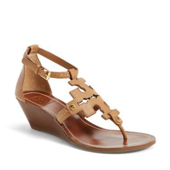 Tory Burch Logo Chandler Wedge Sandals Brown Tan Size 8 - Picture 2 of 9